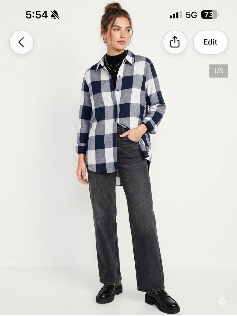 Women’s Lightweight Button-Up Shirt High Low Hem Blue & White Checked Size 3XL